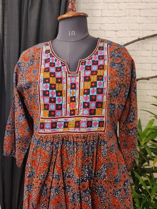 Indigo Red Ajrakh Hand Embroidered Patch Comfort Fit Dress