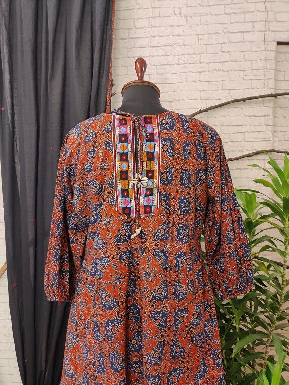 Indigo Red Ajrakh Hand Embroidered Patch Comfort Fit Dress