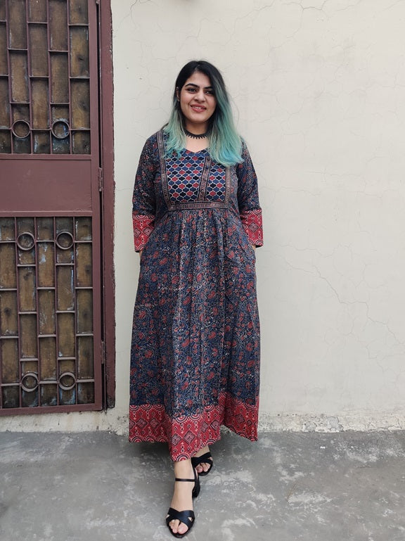 Aarna Ajrakh Hand Block Printed Patch Flared Maxi Dress