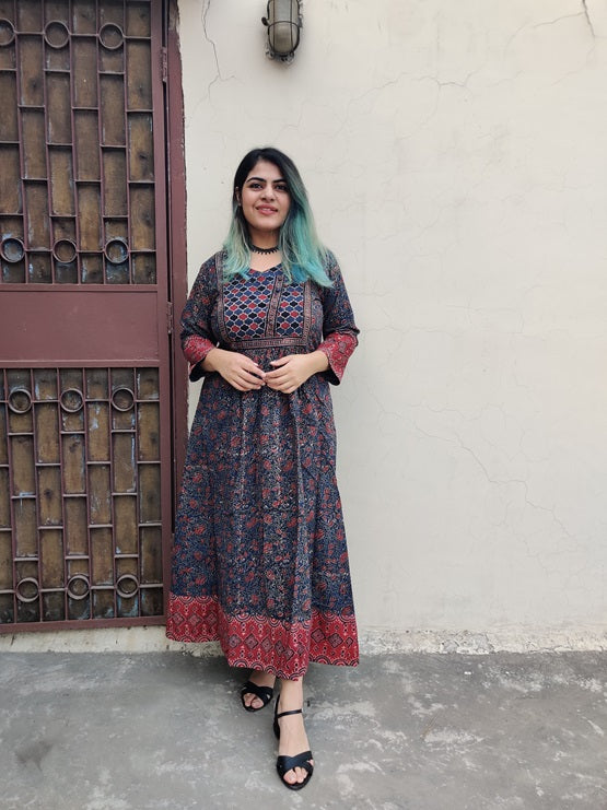 Aarna Ajrakh Hand Block Printed Patch Flared Maxi Dress