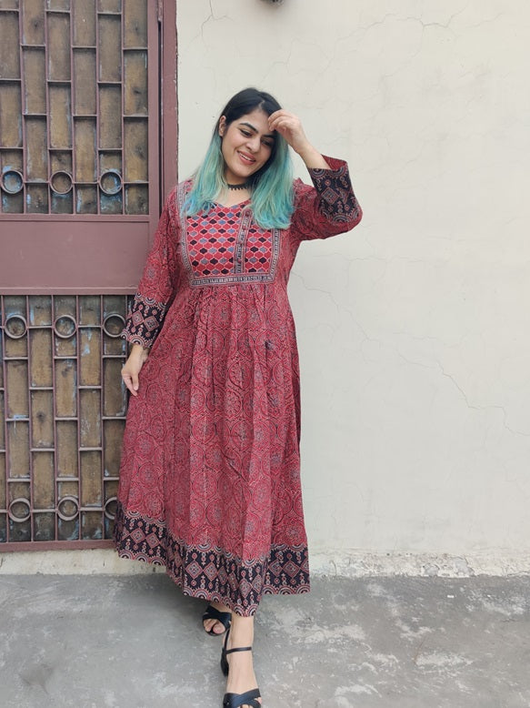 Mayra Ajrakh Hand Block Printed Patch Flared Maxi Dress