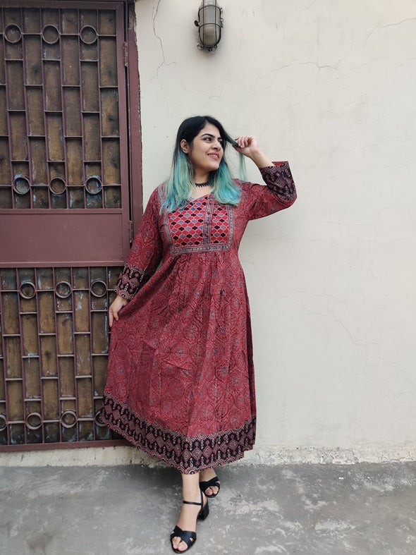 Mayra Ajrakh Hand Block Printed Patch Flared Maxi Dress