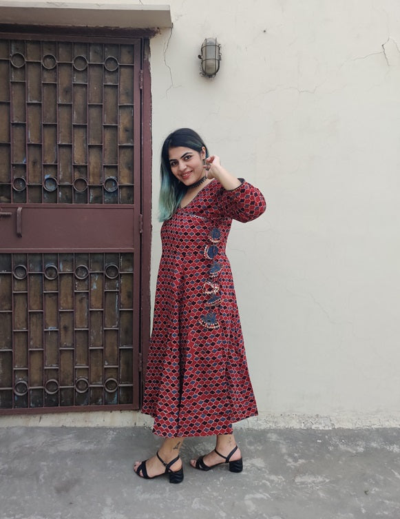 Giva Ajrakh Hand Black printed Angrakha Dress with Tassels