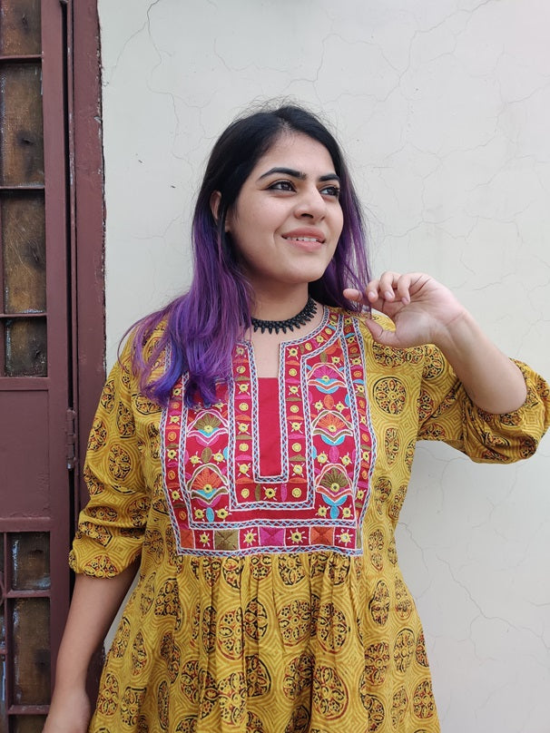 Haldi Ajrakh Hand Embroidered Patch Comfort Fit Dress