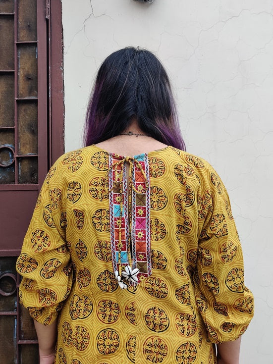 Haldi Ajrakh Hand Embroidered Patch Comfort Fit Dress
