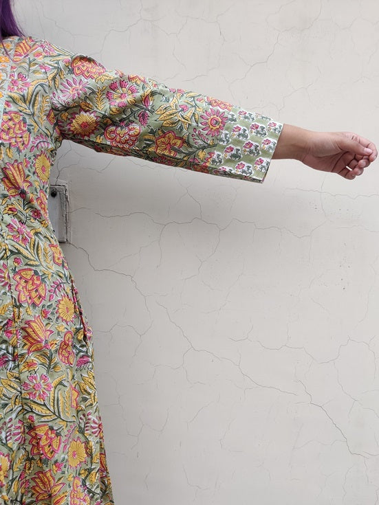 Inika Hand Block Printed Patch Flared Maxi Dress
