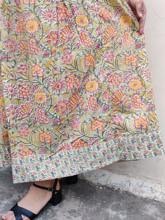 Inika Hand Block Printed Patch Flared Maxi Dress