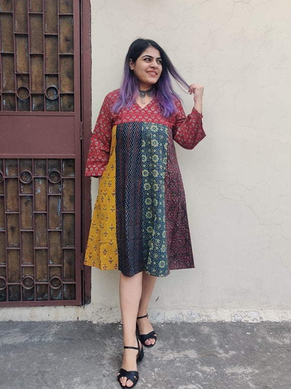 Riot of Colors : Ajrakh Hand Block Printed Knee Length Dress