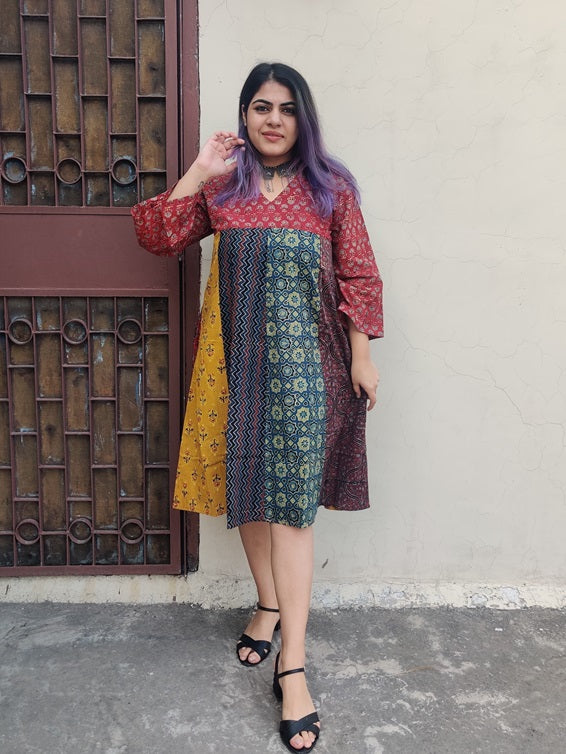Riot of Colors : Ajrakh Hand Block Printed Knee Length Dress