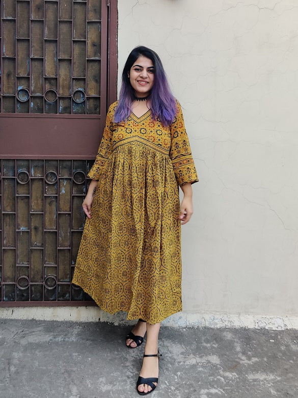 Surajmukhi Ajrakh Hand Block Printed Nyra Cut Dress