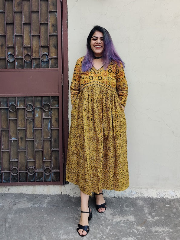 Surajmukhi Ajrakh Hand Block Printed Nyra Cut Dress