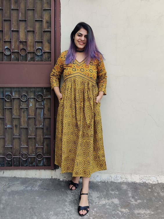 Surajmukhi Ajrakh Hand Block Printed Nyra Cut Dress