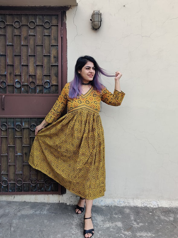 Surajmukhi Ajrakh Hand Block Printed Nyra Cut Dress