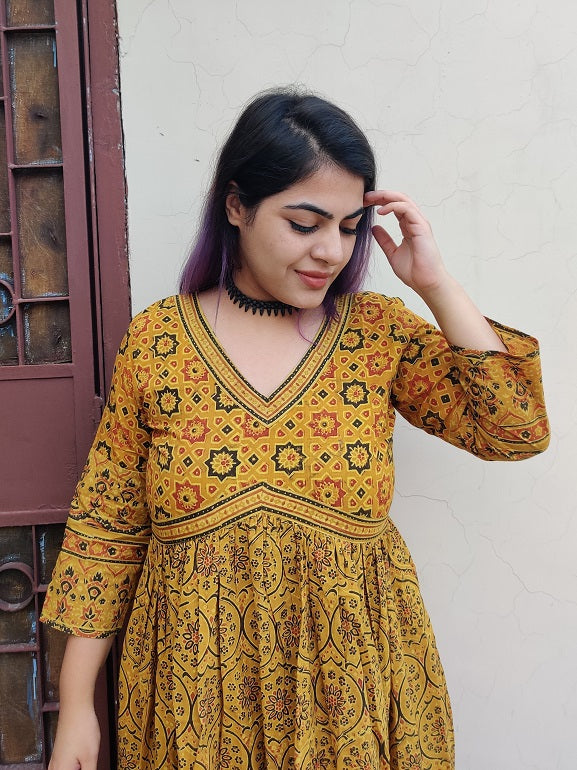 Surajmukhi Ajrakh Hand Block Printed Nyra Cut Dress