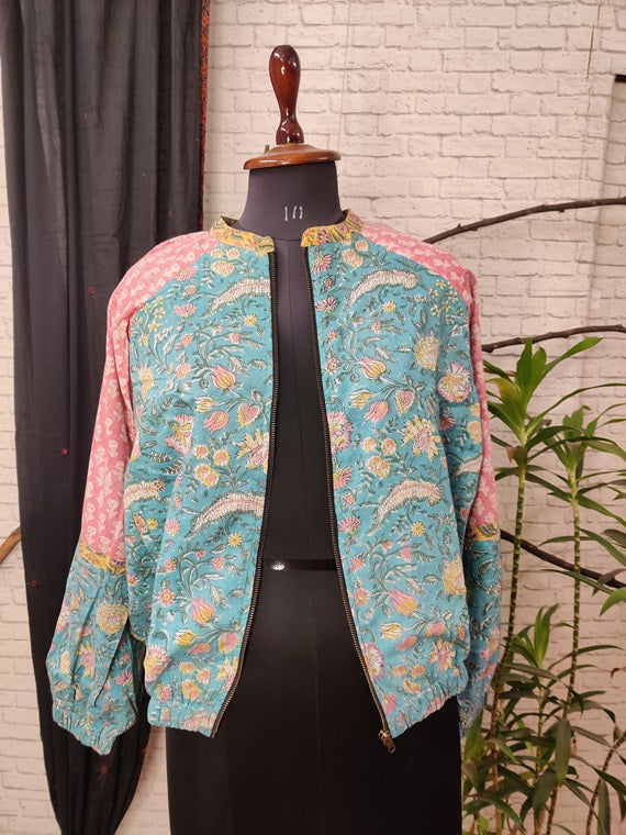 Green Pink Floral Hand Block Printed Unisex Bomber Jacket