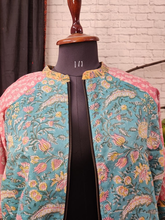 Green Pink Floral Hand Block Printed Unisex Bomber Jacket