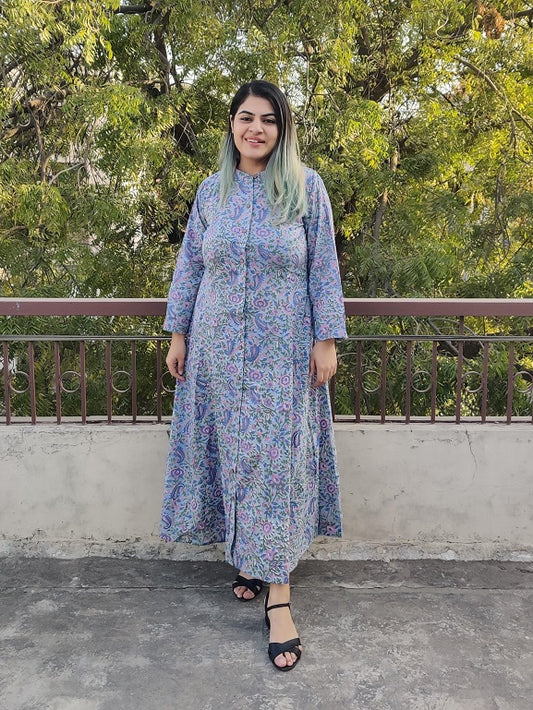 Gul Hand Block Printed A Line Maxi Shirt Dress with Full Sleeves