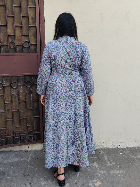 Gul Hand Block Printed A Line Maxi Shirt Dress with Full Sleeves