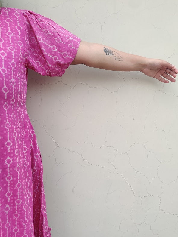 Raspberry Hand Block Printed Shift Dress with Tier and Gathered Sleeves