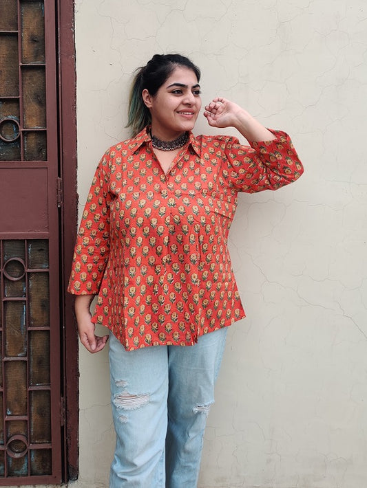 Orange Yellow Hand Block Printed A Line Relaxed Fit Collar Top
