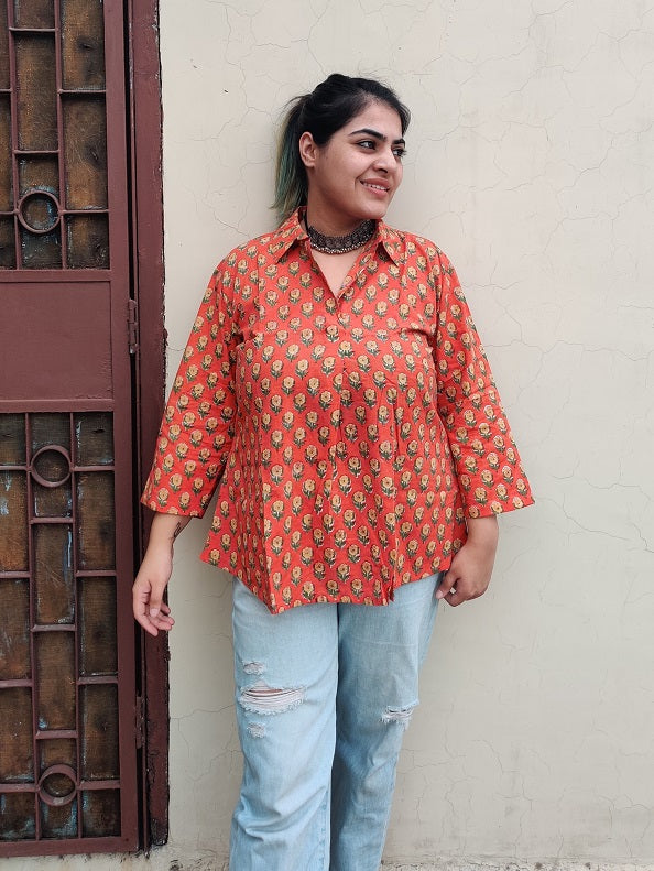 Orange Yellow Hand Block Printed A Line Relaxed Fit Collar Top