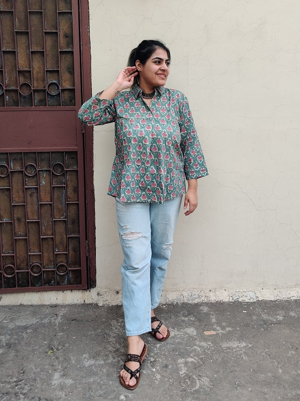 Green Pink Hand Block Printed A Line Relaxed Fit Collar Top