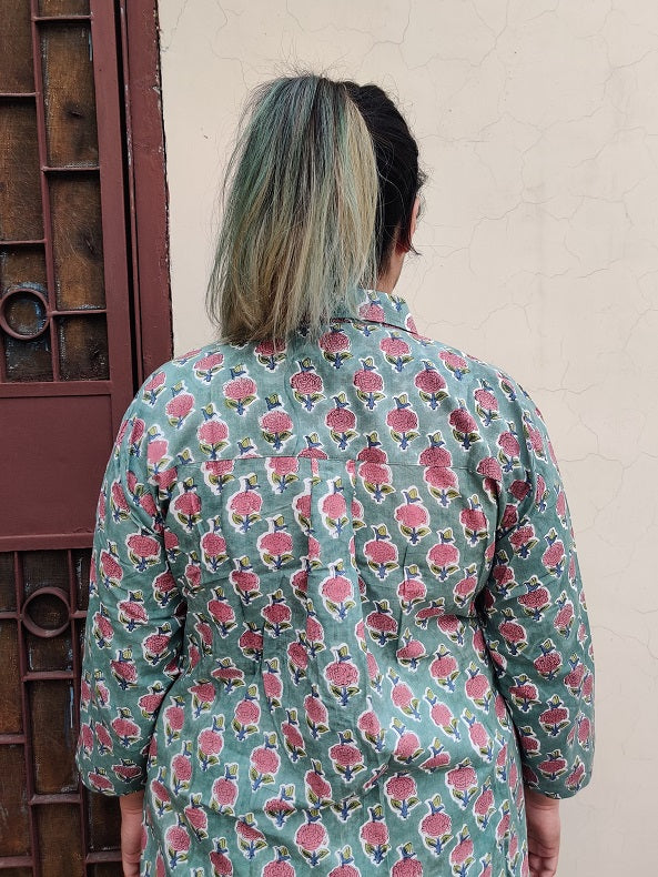 Green Pink Hand Block Printed A Line Relaxed Fit Collar Top