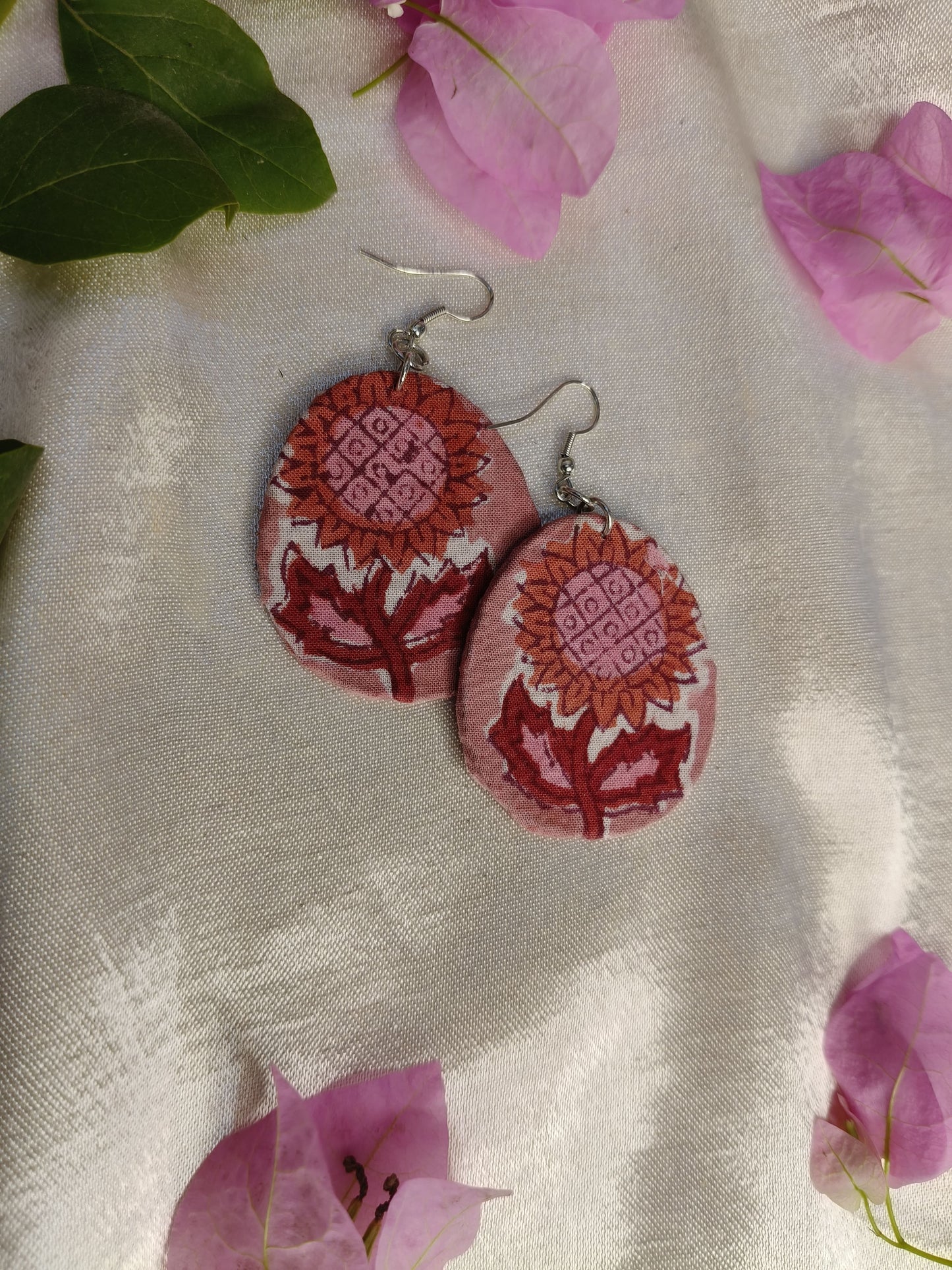 Pink Floral Hand Block Printed Fabric Oval Earrings