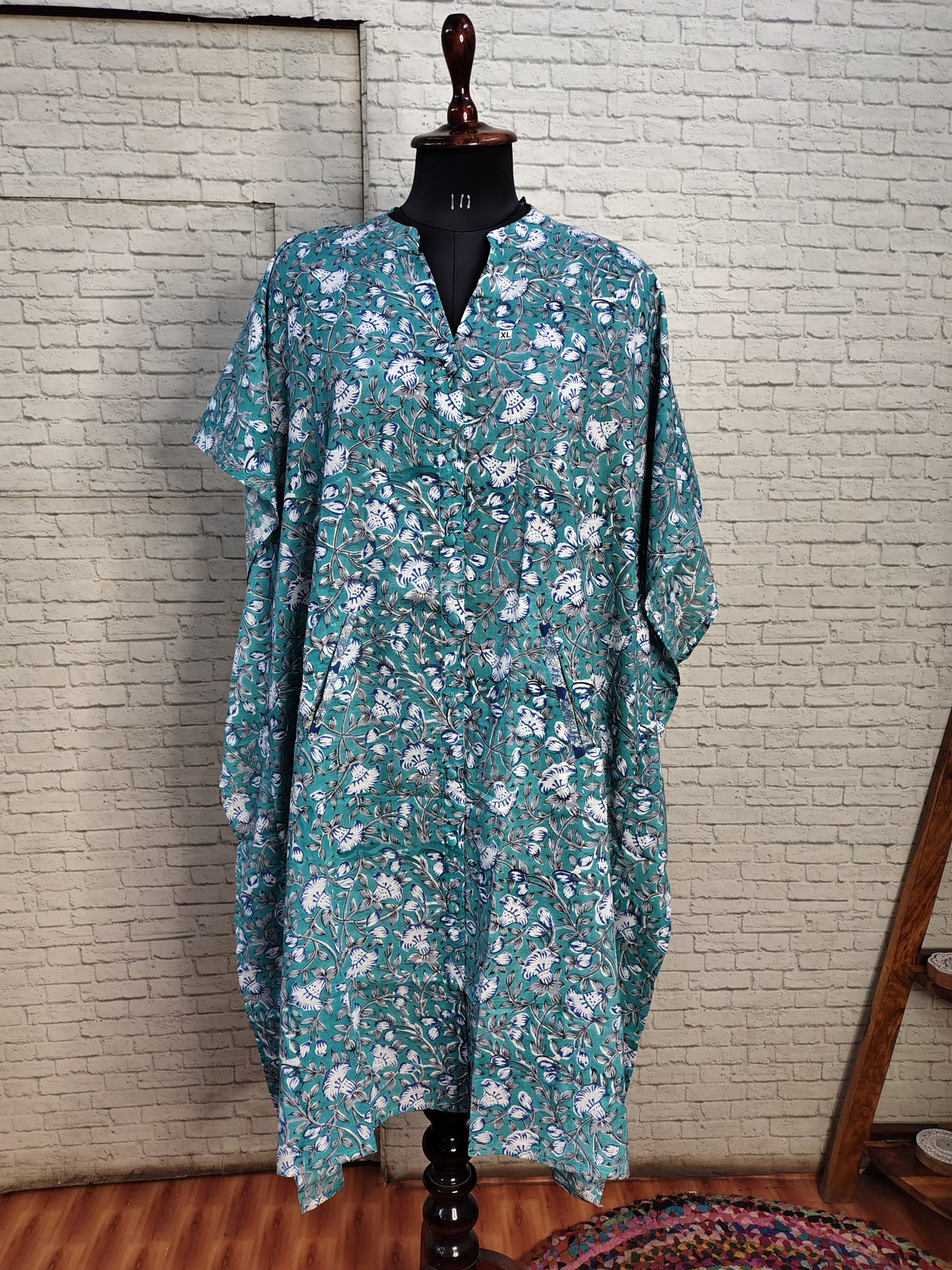 Teal Green Floral High Low Hand Block Printed Midi Cotton Shirt Kaftan