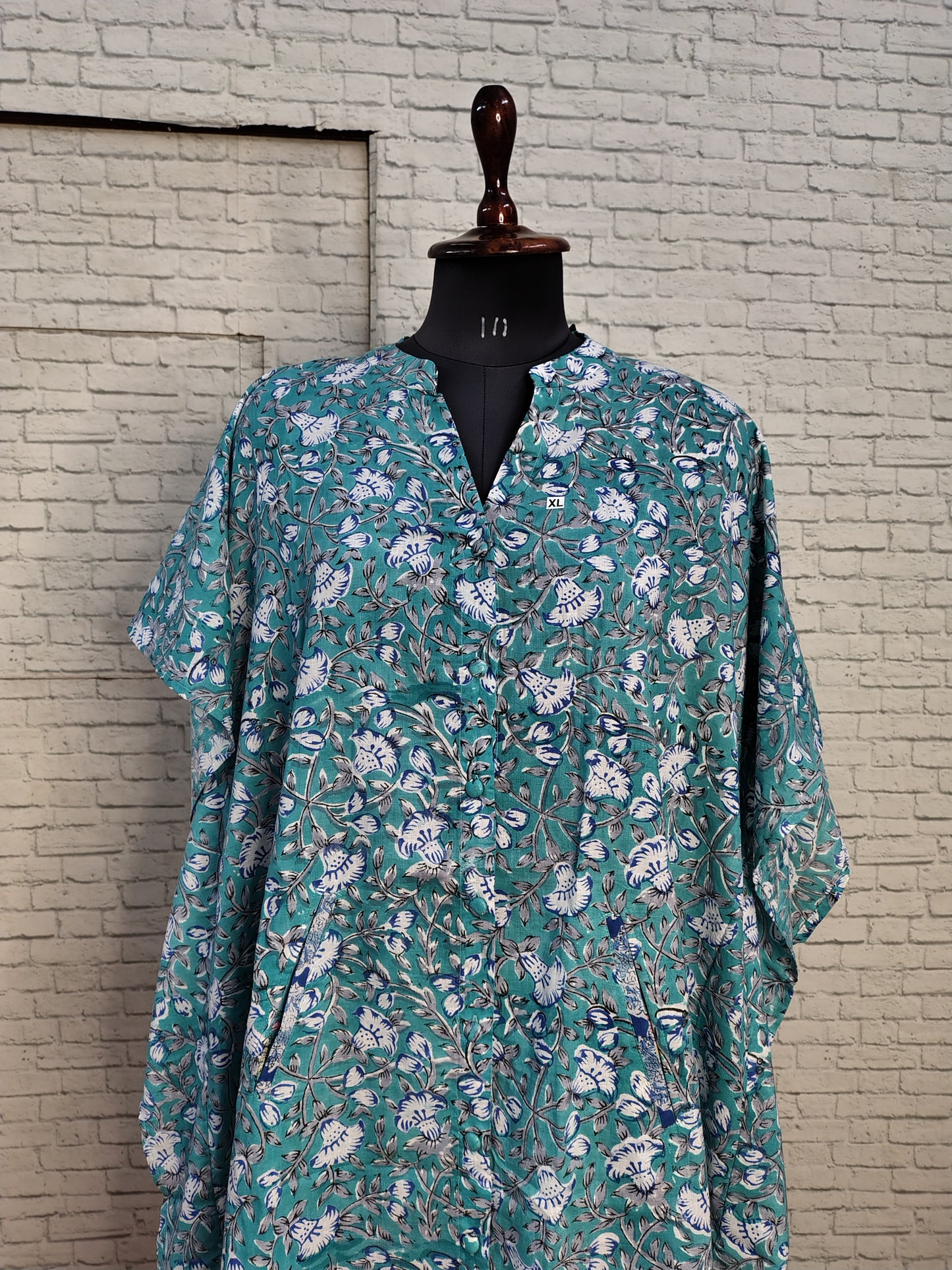 Teal Green Floral High Low Hand Block Printed Midi Cotton Shirt Kaftan