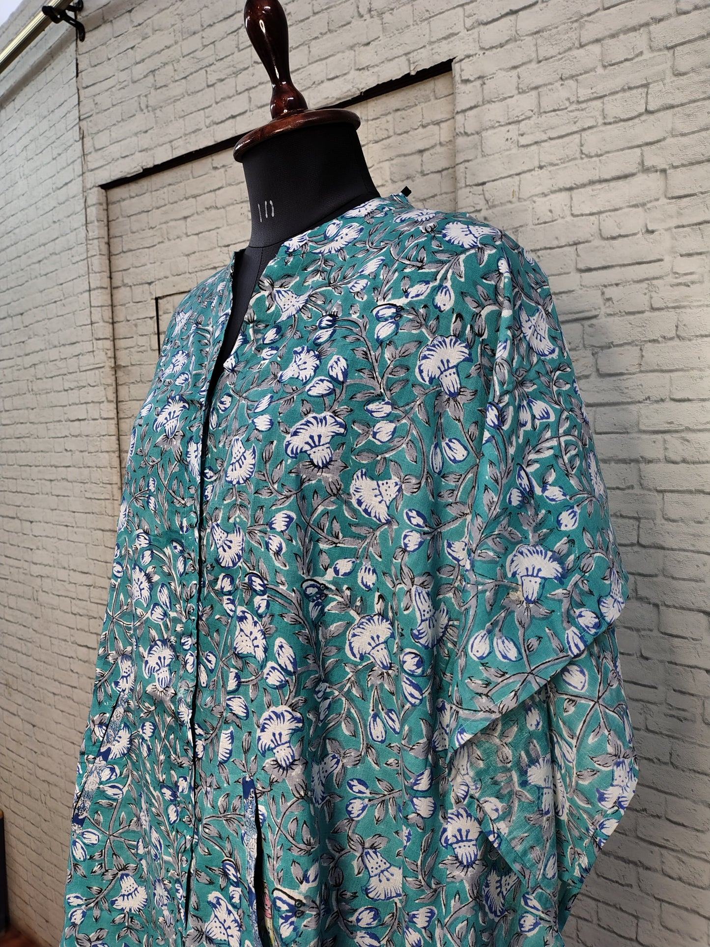 Teal Green Floral High Low Hand Block Printed Midi Cotton Shirt Kaftan