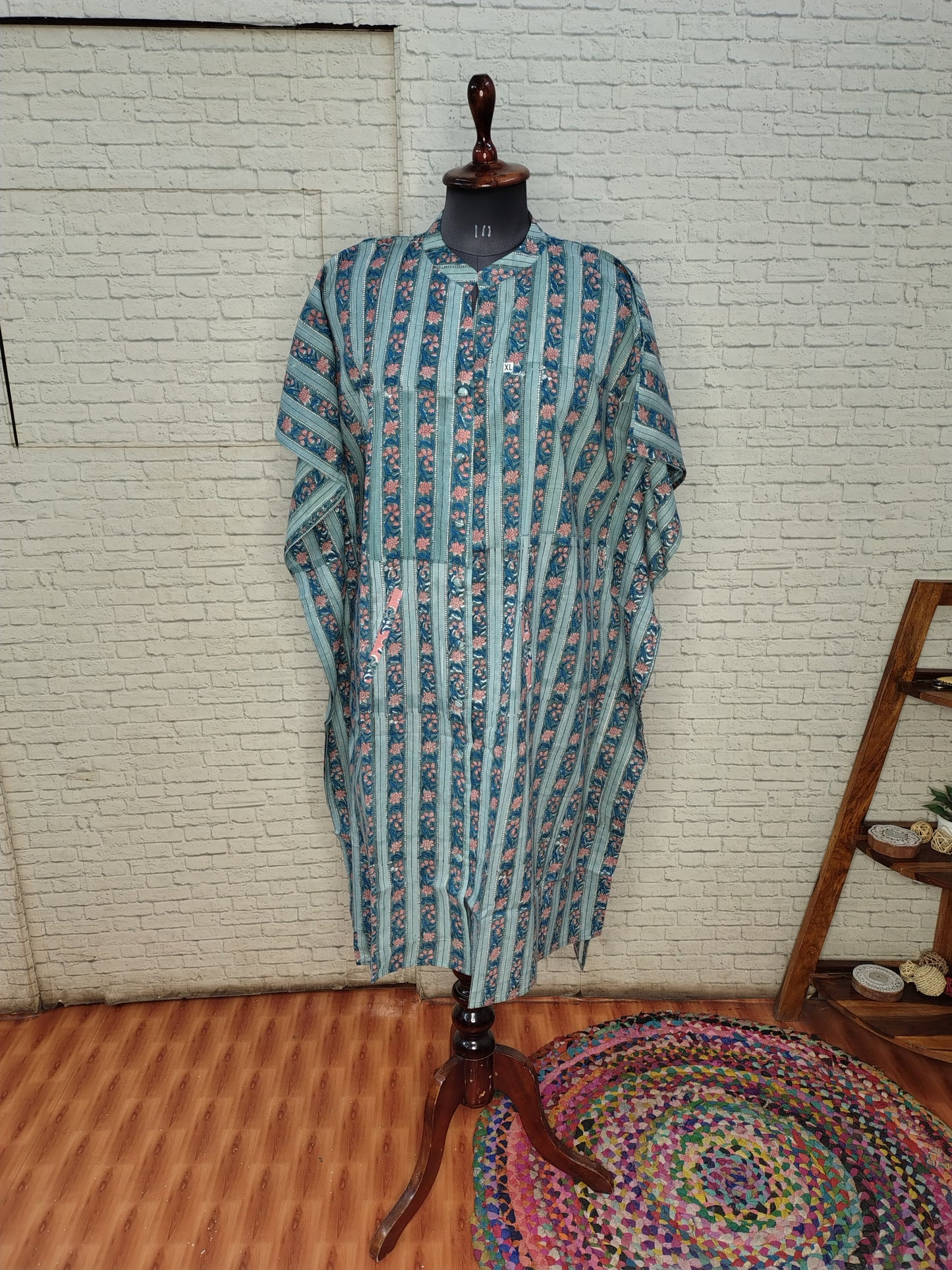 Teal Peach Stripes High Low Hand Block Printed Midi Cotton Shirt Kaftan
