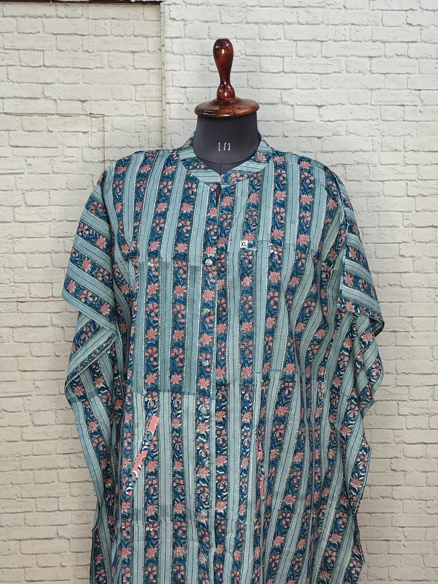 Teal Peach Stripes High Low Hand Block Printed Midi Cotton Shirt Kaftan