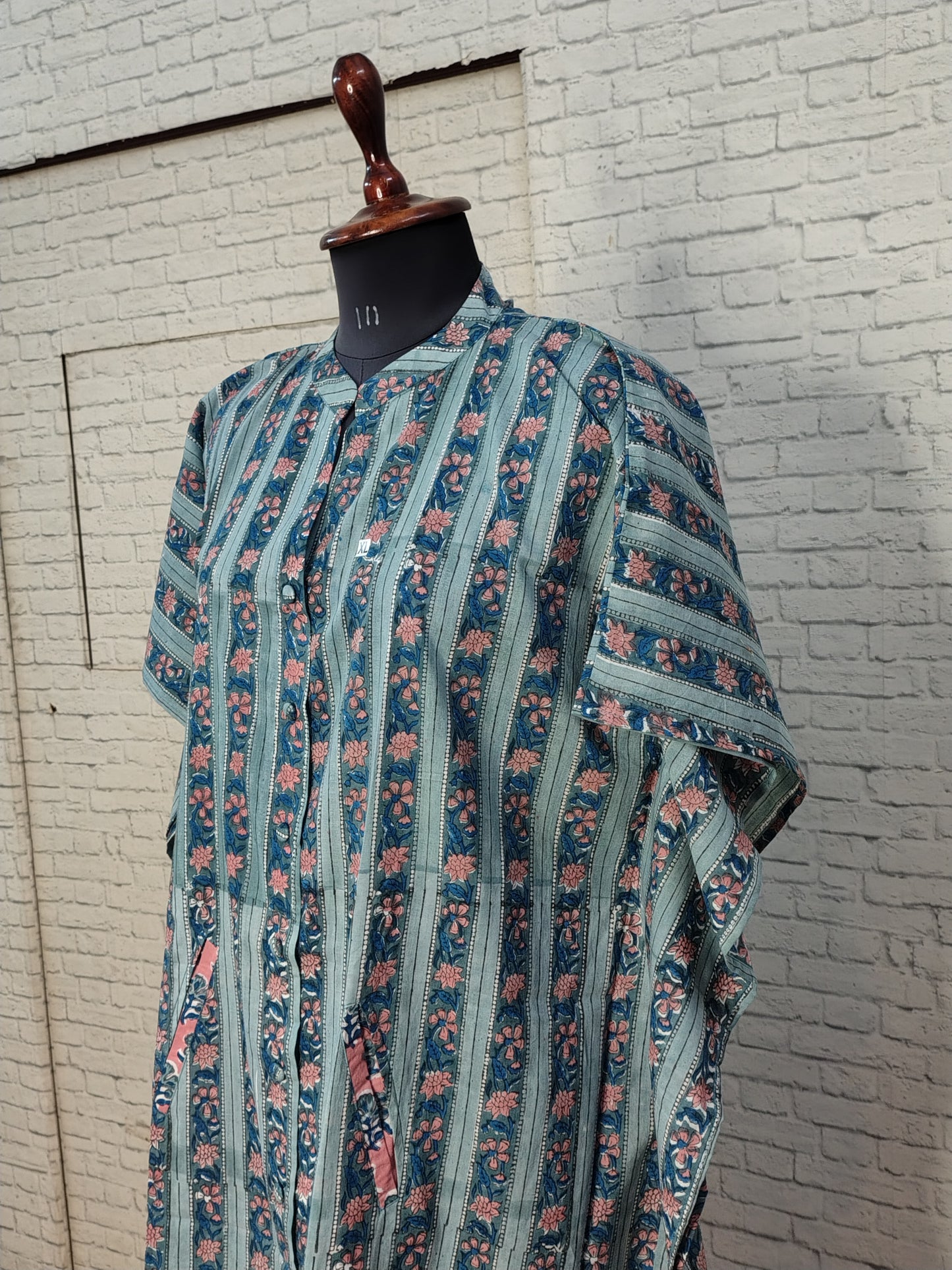 Teal Peach Stripes High Low Hand Block Printed Midi Cotton Shirt Kaftan