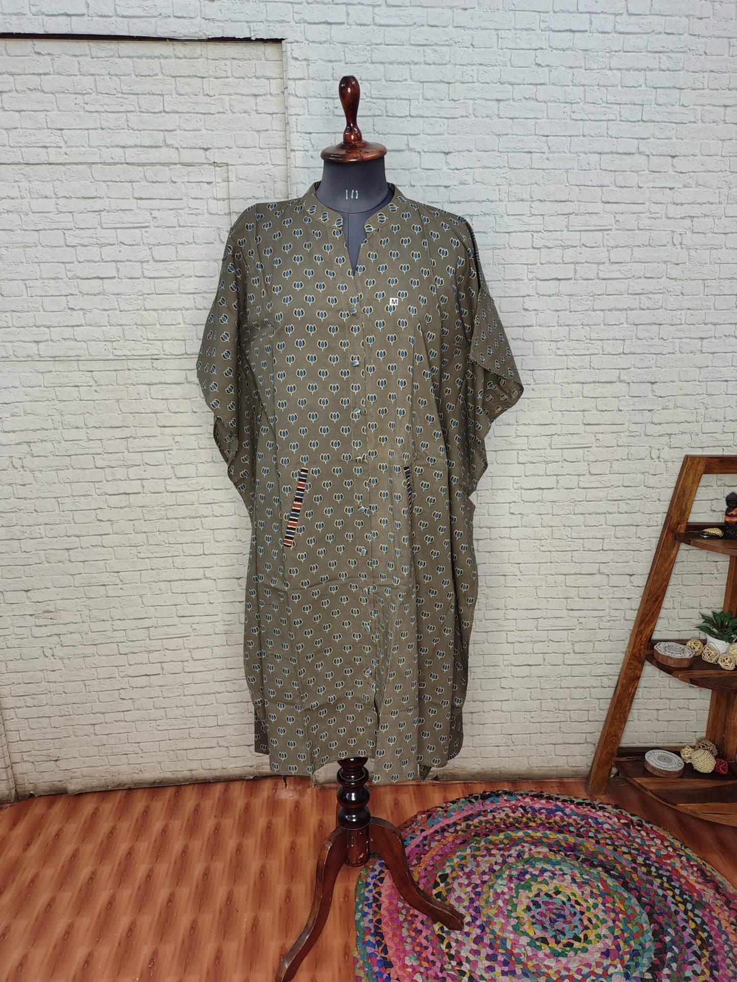 Kashish Blue Lotus High Low Ajrakh Midi Cotton Shirt Kaftan