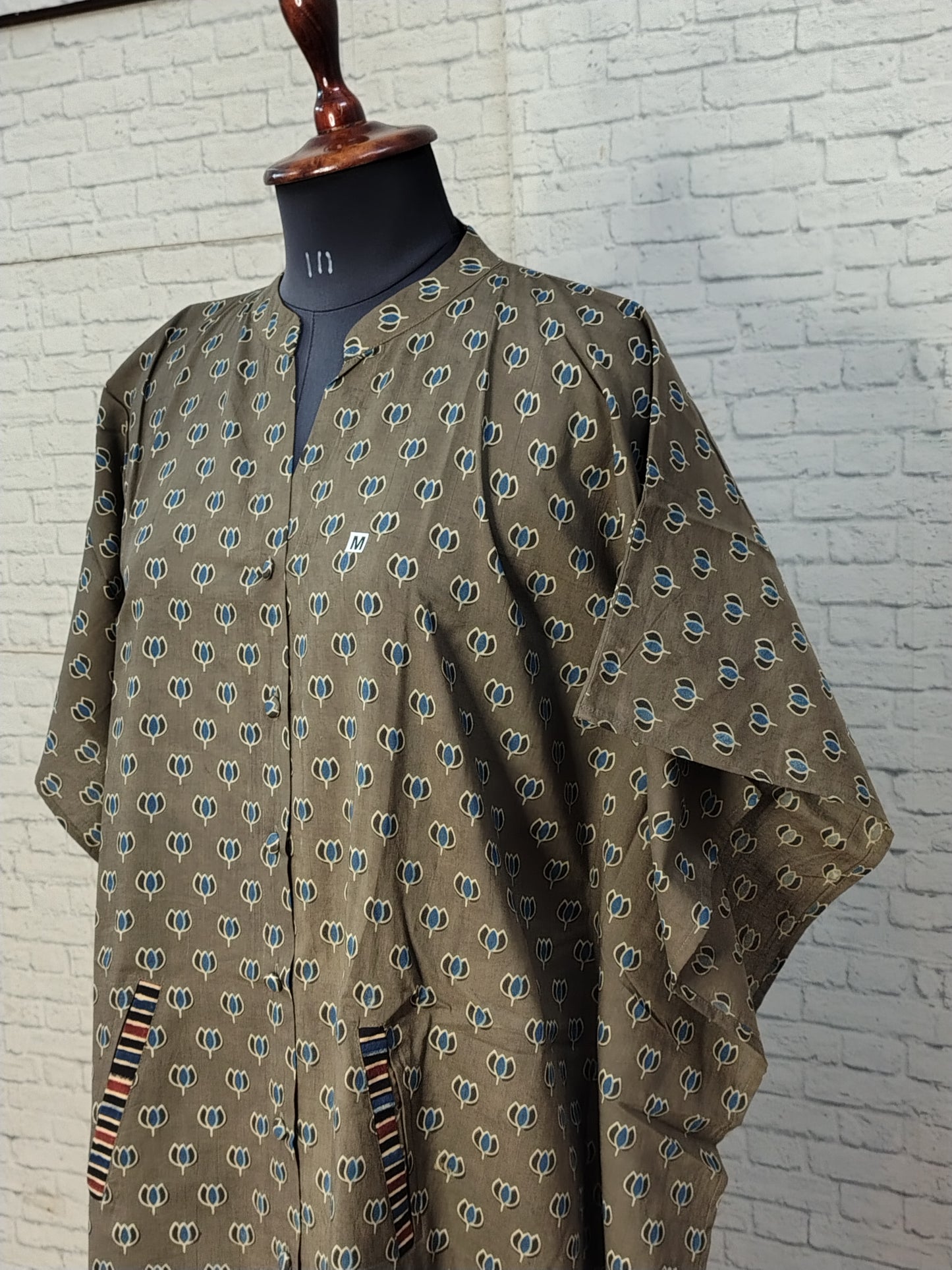 Kashish Blue Lotus High Low Ajrakh Midi Cotton Shirt Kaftan