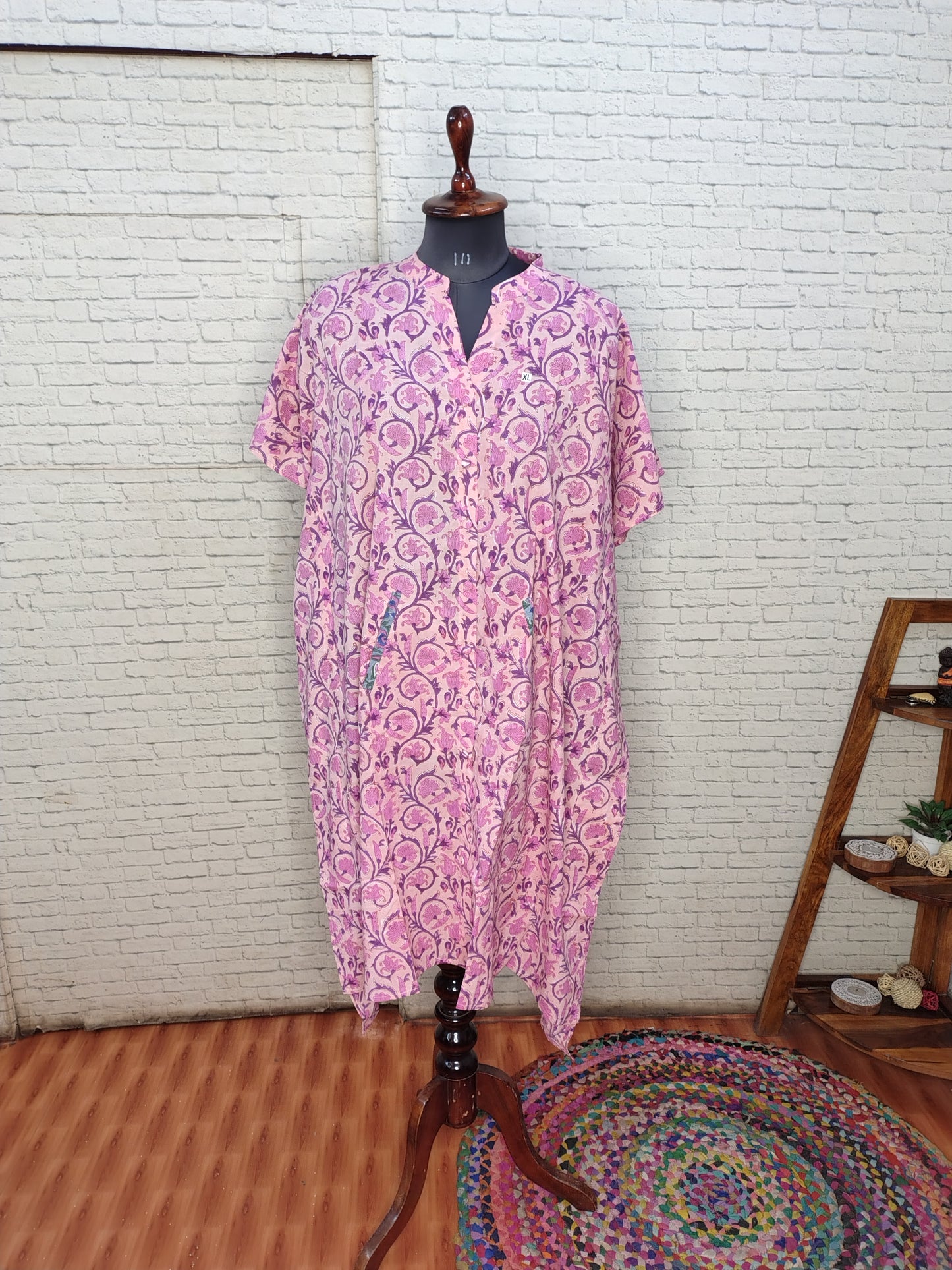 Pink Purple Floral High Low Hand Block Printed Midi Cotton Shirt Kaftan