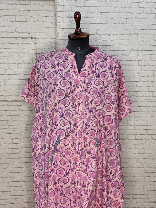 Pink Purple Floral High Low Hand Block Printed Midi Cotton Shirt Kaftan