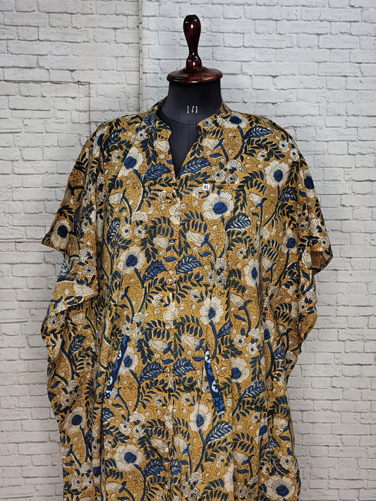 Yellow Bagru High Low Hand Block Printed Midi Cotton Shirt Kaftan