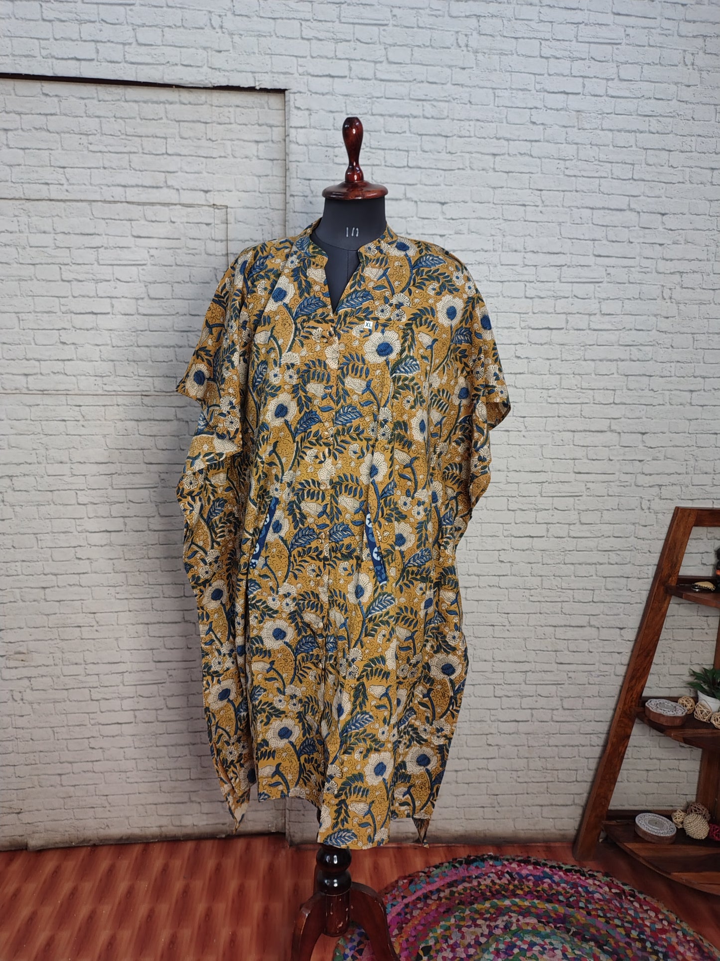Yellow Bagru High Low Hand Block Printed Midi Cotton Shirt Kaftan