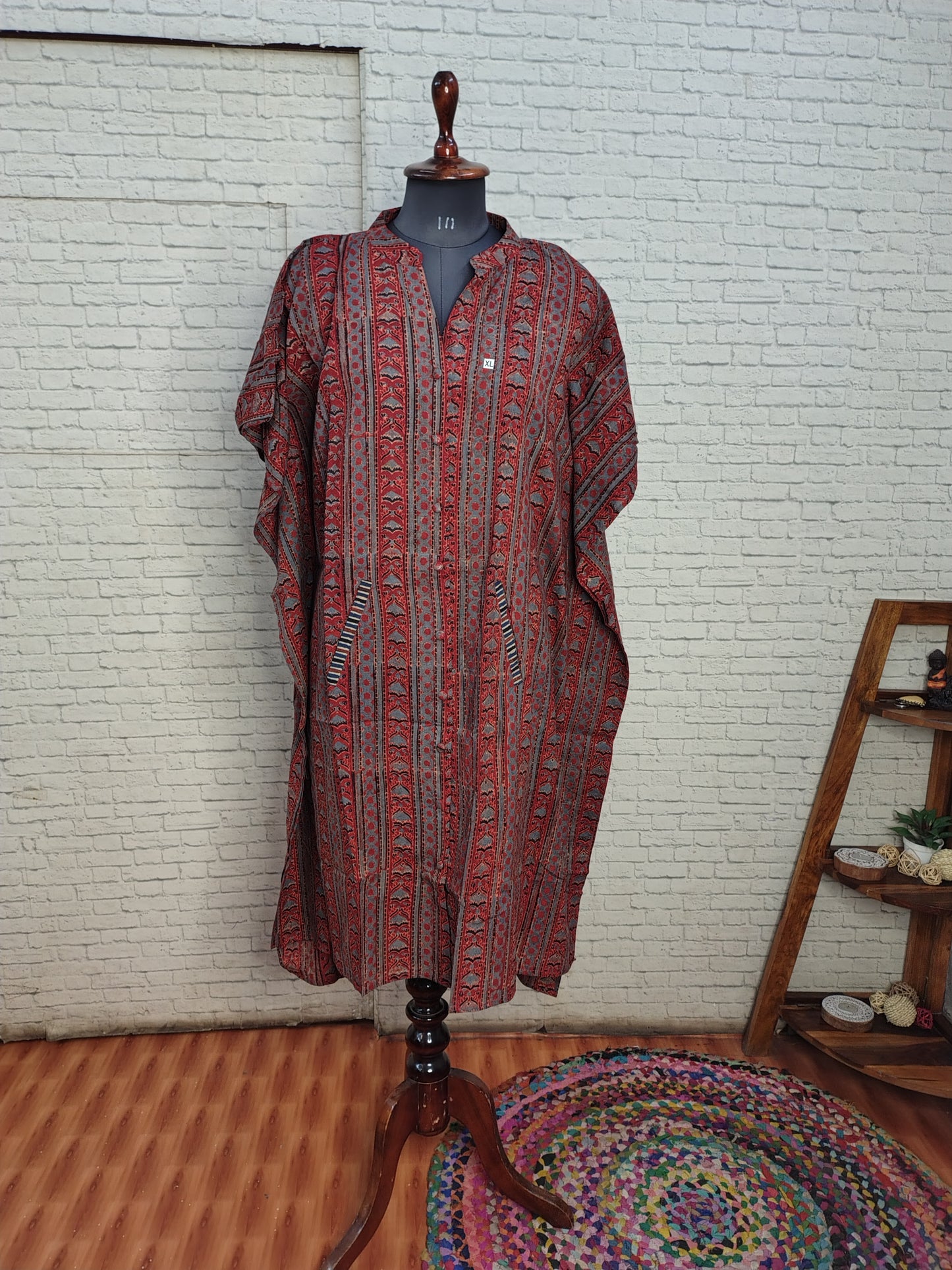 Red Ajrakh Triangle Stripes High Low Midi Cotton Shirt Kaftan