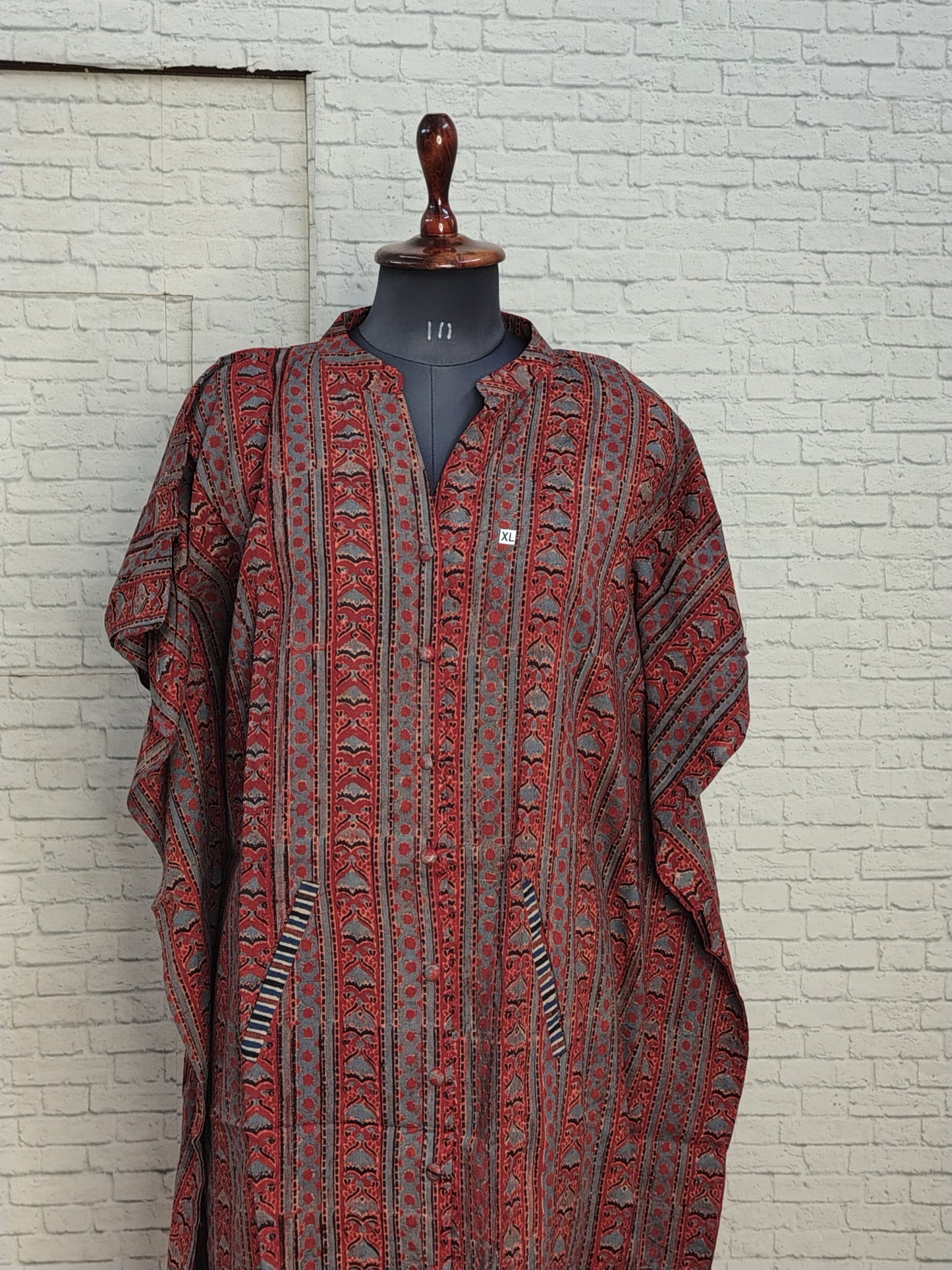 Red Ajrakh Triangle Stripes High Low Midi Cotton Shirt Kaftan
