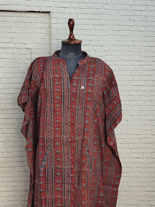 Red Ajrakh Triangle Stripes High Low Midi Cotton Shirt Kaftan