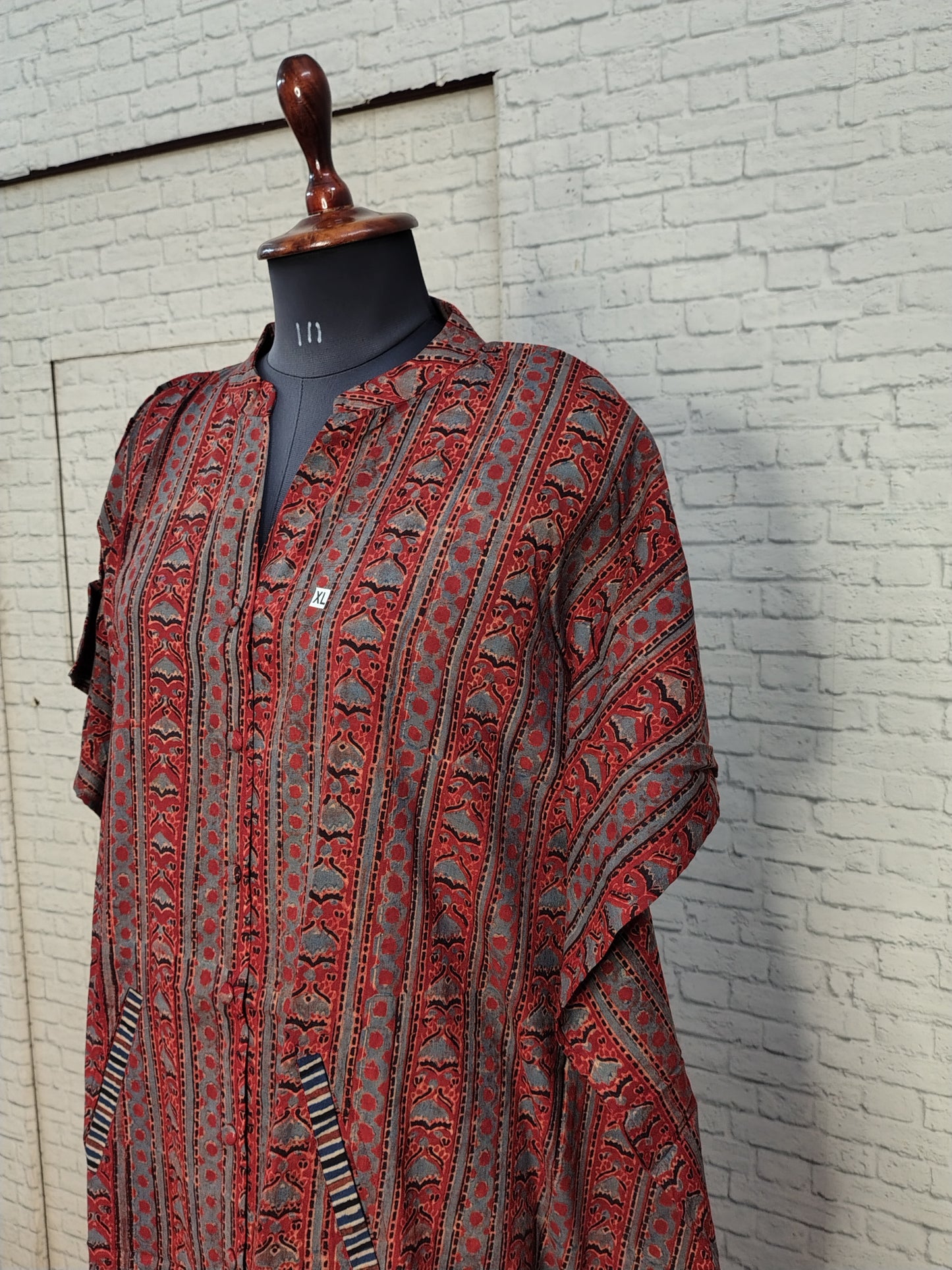 Red Ajrakh Triangle Stripes High Low Midi Cotton Shirt Kaftan