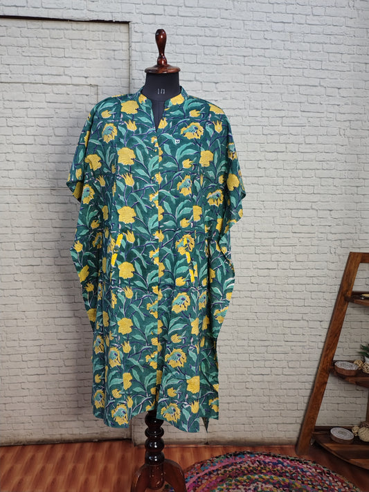 Green Yellow Floral High Low Hand Block Printed Midi Cotton Shirt Kaftan