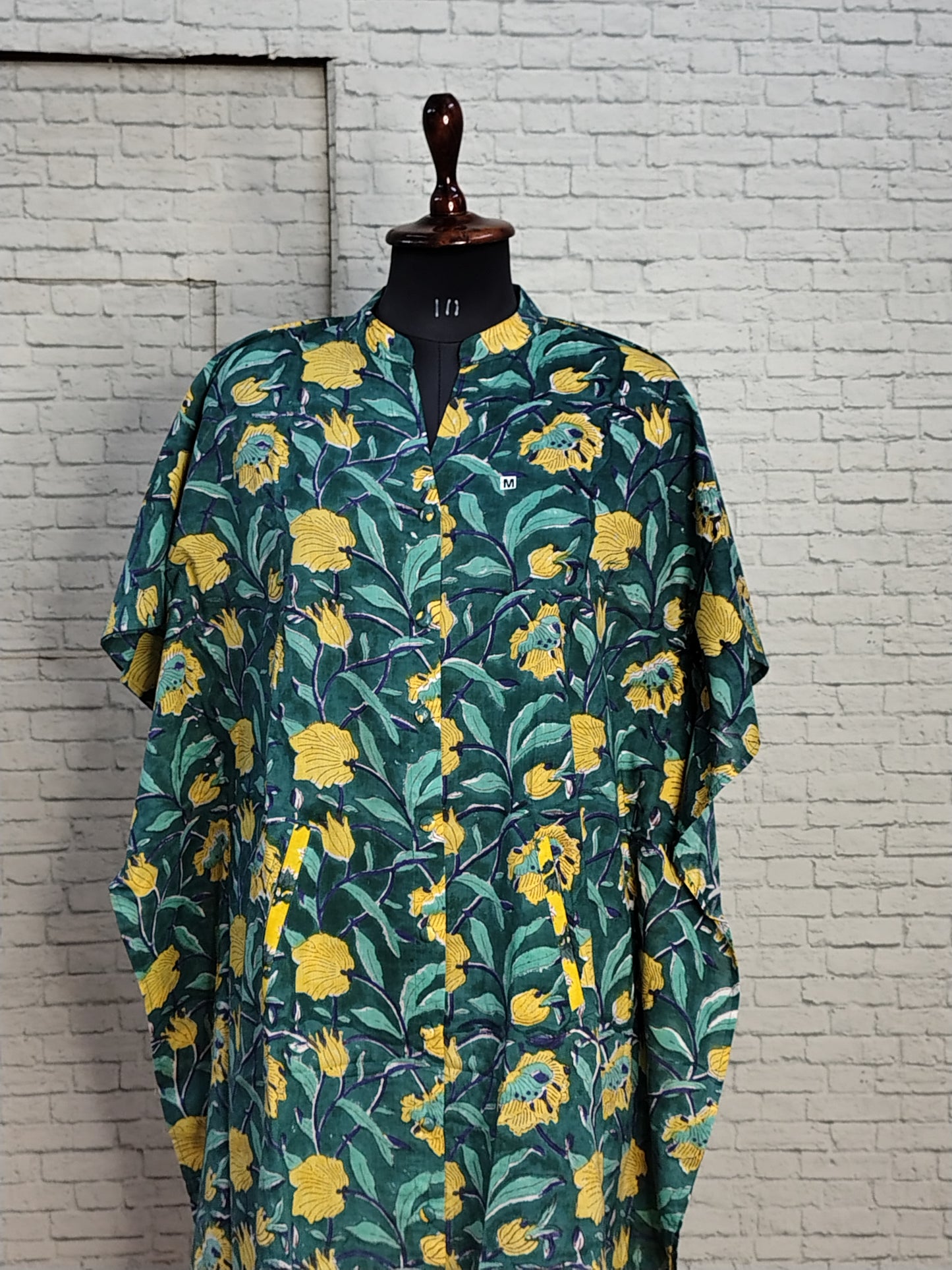 Green Yellow Floral High Low Hand Block Printed Midi Cotton Shirt Kaftan