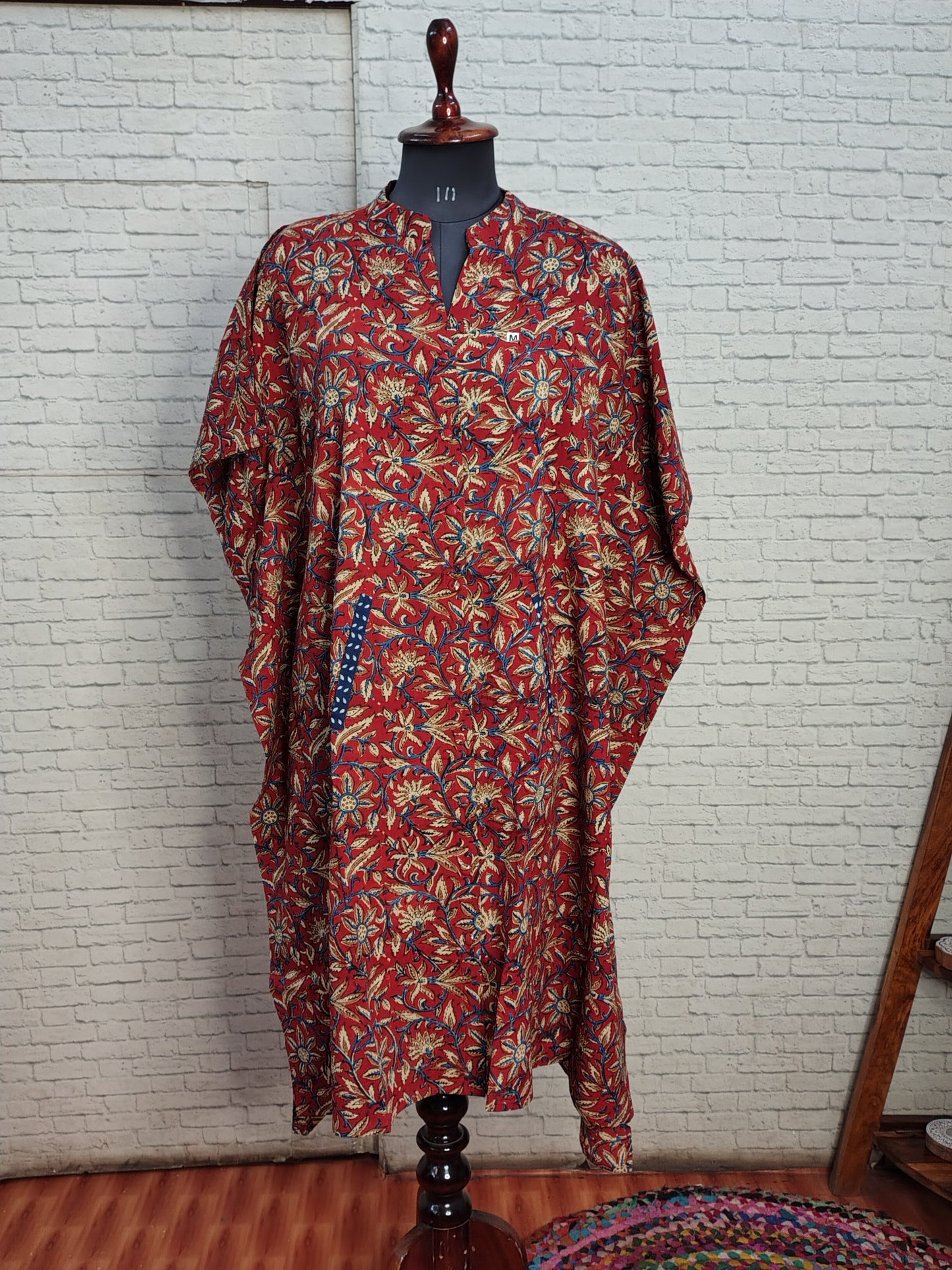 Red Kalamkari High Low Hand Block Printed Midi Cotton Shirt Kaftan