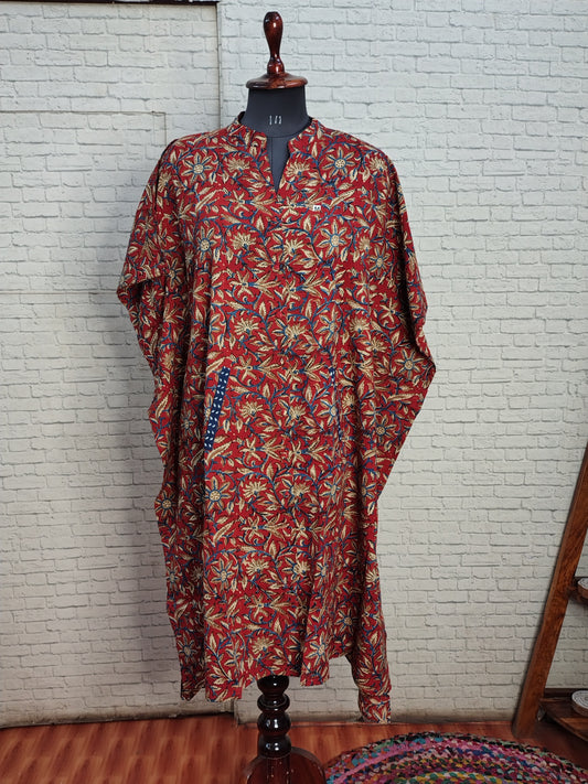 Red Kalamkari High Low Hand Block Printed Midi Cotton Shirt Kaftan