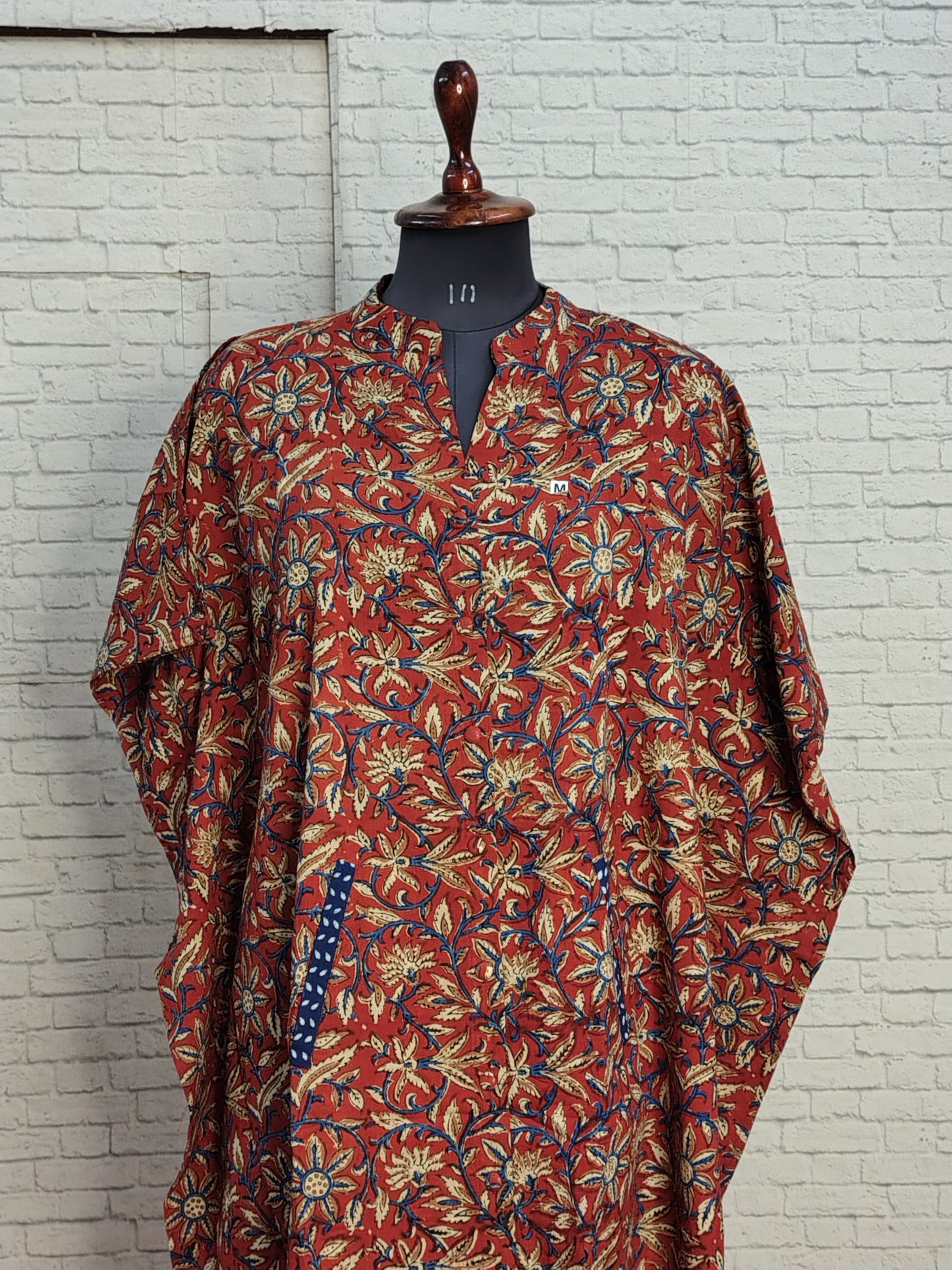 Red Kalamkari High Low Hand Block Printed Midi Cotton Shirt Kaftan