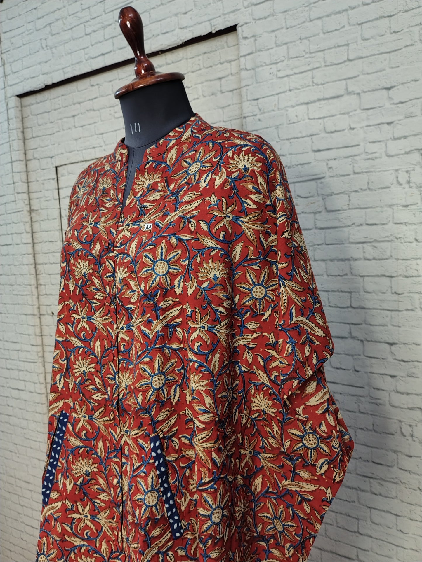 Red Kalamkari High Low Hand Block Printed Midi Cotton Shirt Kaftan